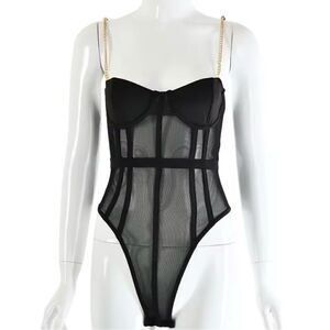 Black Mesh Corset Bodysuit w/ Gold Chain Straps – Size S – NWOT